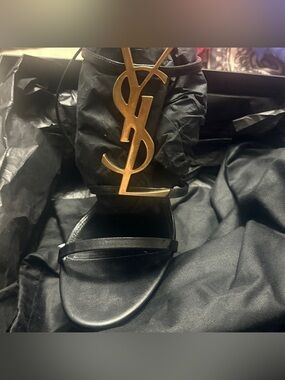 Saint Laurent Black Leather Stiletto Sandals with Gold YSL Emblem